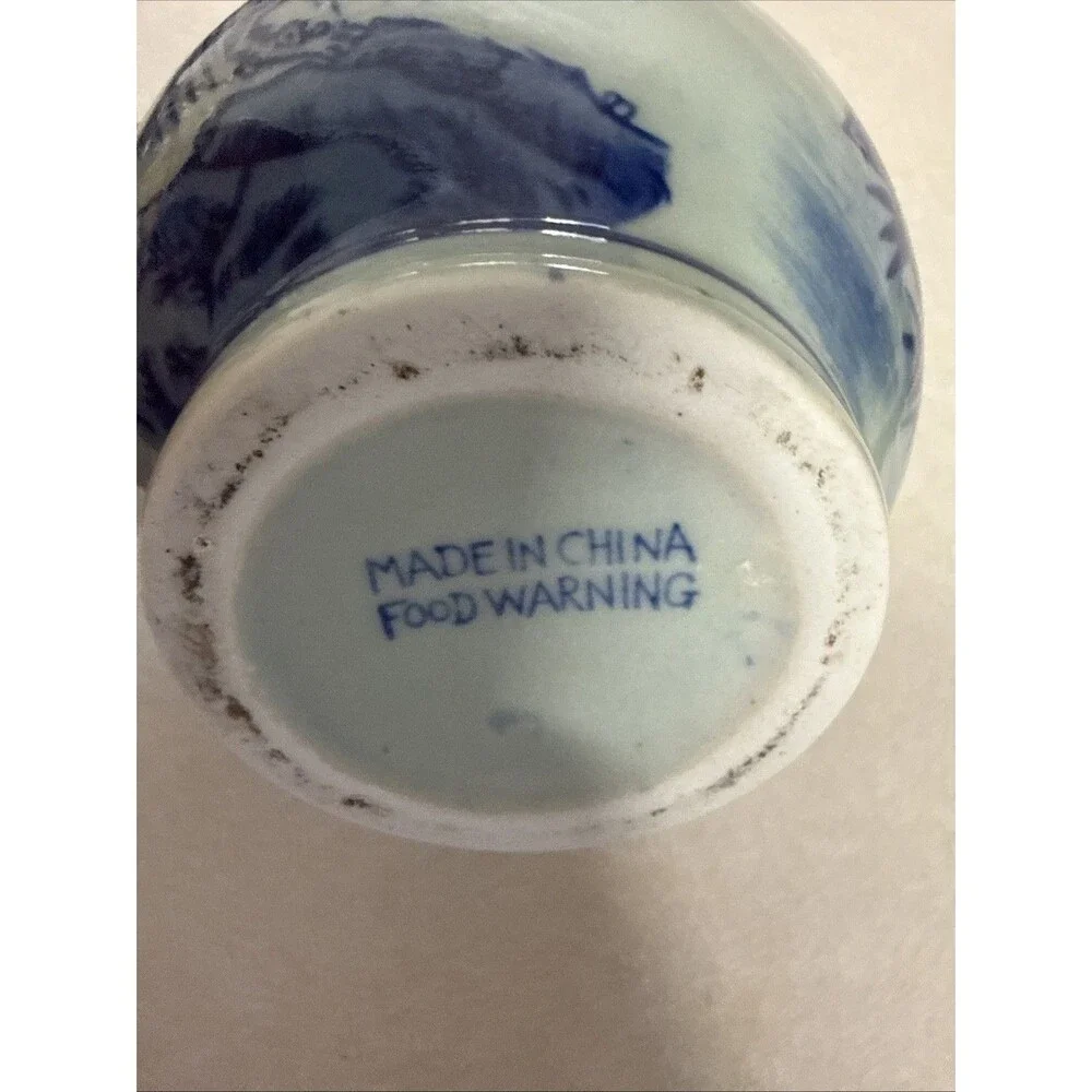 Blue & White Ceramic Landscape Vase Decorative Handles 8.25in